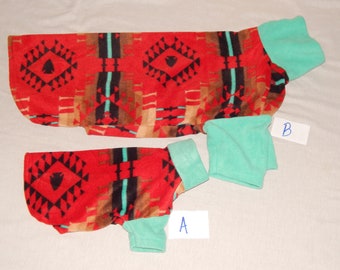 READY To SHIP MoonDance Aztec Print and Teal Fleece Dog Coat Handmade Jacket Snood Collar Turtleneck Pet Clothes Pajamas Doberman Southwest