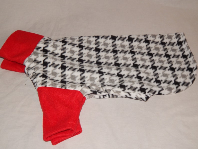 Houndstooth Dog Coat with Choice of Color collar /& Sleeves Black Gray and White or Red Winter Clothing for your Pet Snood Collar Size Shirt