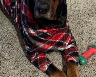 Plaid Fleece Dog Coat, Red & Black, Snood Neck Checker Doberman Pajamas