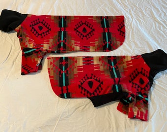READY TO SHIP Aztec Print Fleece Dog Coat Warm Pets Snood Neck Red Black Brown Print Pattern Dog Sweater Pitbull PJs Doberman Jammies
