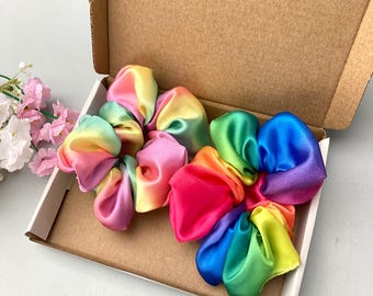 Pair of Rainbow Satin Scrunchies, Pastel Rainbow Scrunchies, Bright Rainbow Scrunchies