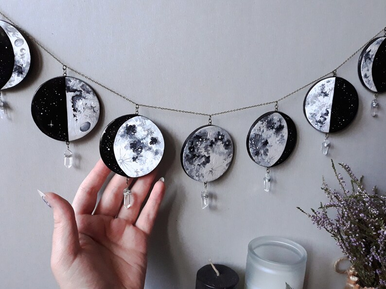 Crystals Moon Phases Wall Hanging Ll Moon Garland Ll Wiccan Etsy