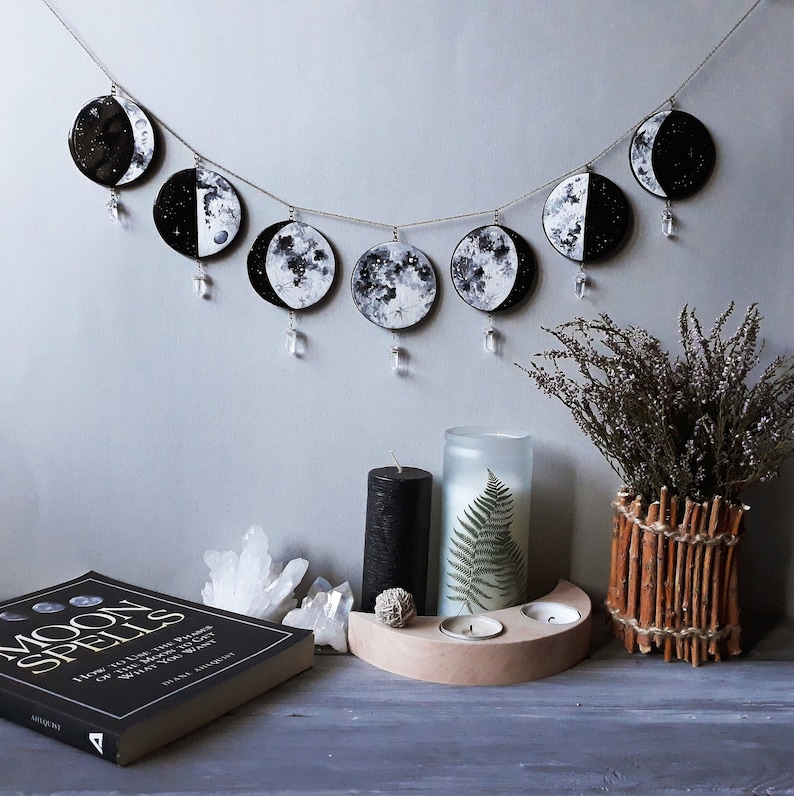 Crystals moon phases wall hanging ll moon garland ll wiccan  etsy Crystals moon phases wall hanging ll moon garland ll wiccan  etsy