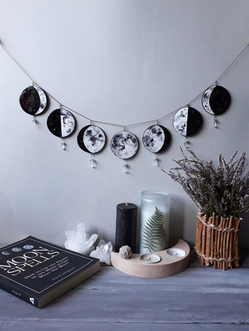 Crystals Moon Phases Wall Hanging Ll Moon Garland Ll Wiccan Etsy