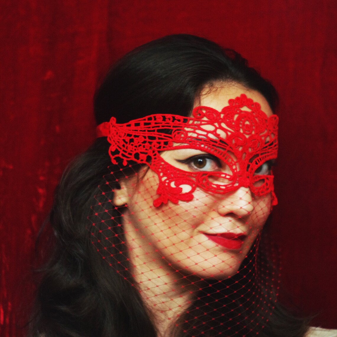 Red lace mask with birdcage veil Lace mask Party mask Etsy