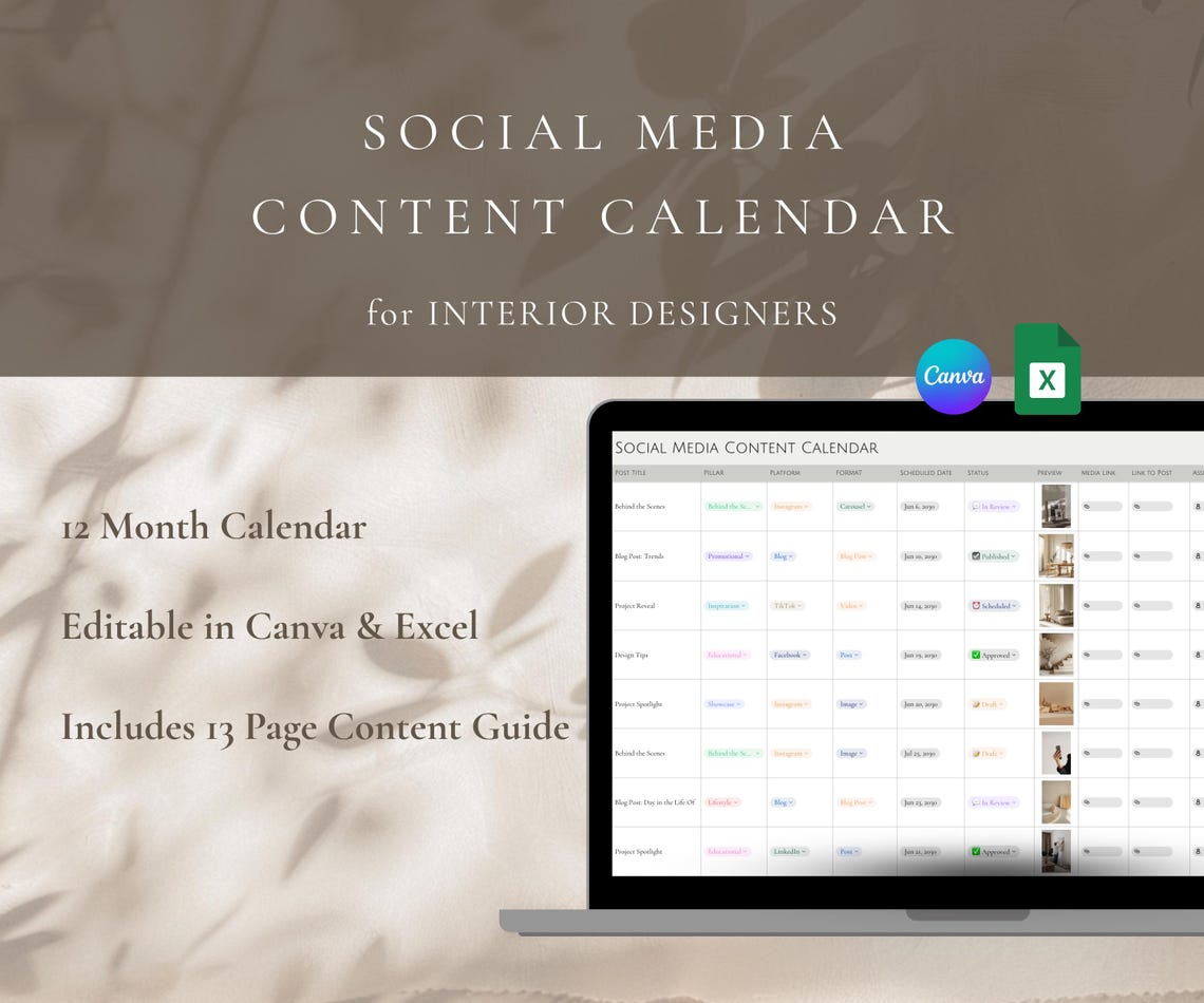 Social Media Content Calendar Template for Canva & Excel - Interior ...