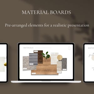 Templates for interior design client presentation, concept boards and floorplans, designed in Canva