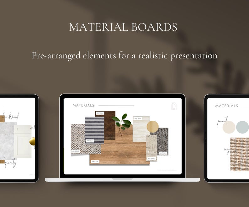 Templates for interior design client presentation, concept boards and floorplans, designed in Canva
