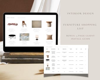 May include: A digital tablet displays a furniture shopping list with interior design elements. The screen showcases various furniture items, including a sofa, chair, rug, and table. Text on the screen reads "Great Room" and "Living Room". Additional text includes "Bonus: 5 Page Client Install Guide."