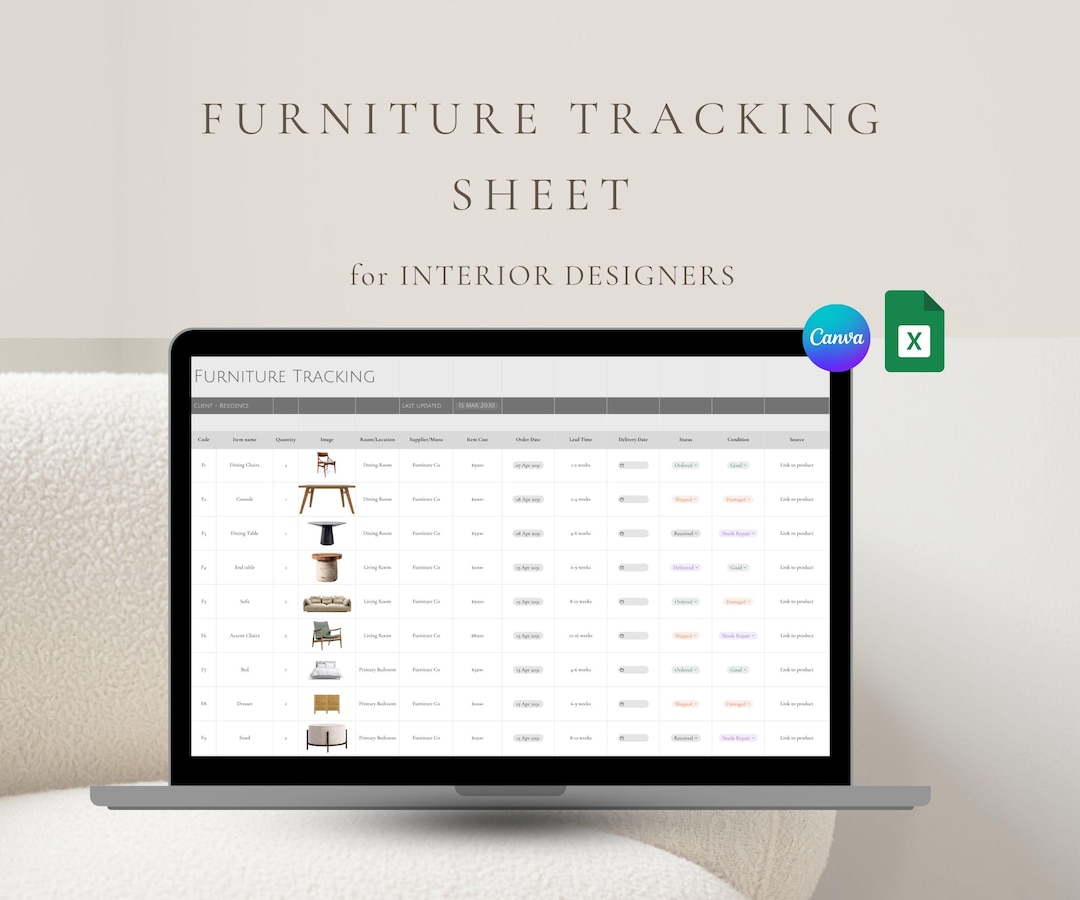 Interior Design Furniture Tracking Template | Canva + Excel Project ...