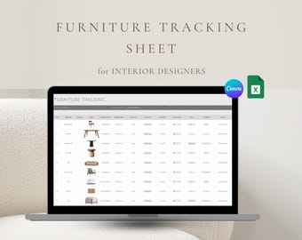 May include: A laptop displays a furniture tracking sheet for interior designers. The screen shows a spreadsheet with furniture images and data fields. The text "FURNITURE TRACKING SHEET for INTERIOR DESIGNERS" is at the top. Canva and Excel icons are in the upper right.