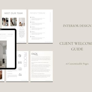 Puede incluir: Una guía de bienvenida digital para clientes de diseño de interiores con 16 páginas personalizables. La guía incluye secciones sobre el equipo, los plazos de pago y las preguntas frecuentes. El diseño es minimalista con una paleta de colores neutros.