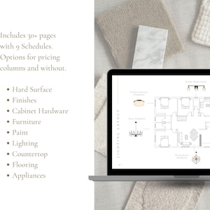 FF&E schedule used to organize furniture, fixtures, finishes, and product specifications for an interior design project.