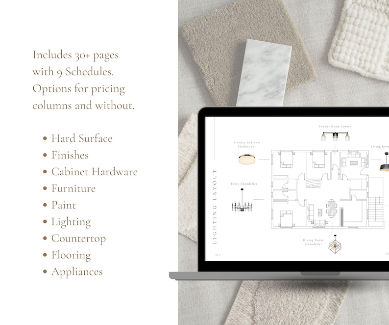 FF&E schedule used to organize furniture, fixtures, finishes, and product specifications for an interior design project.