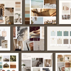 Interior design mood board templates for client presentations, designed in Canva