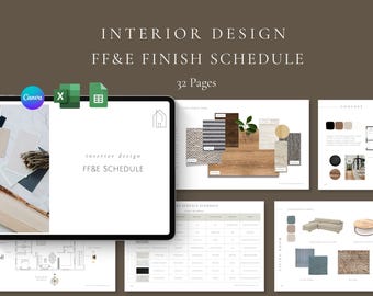 Interior Design FF&E Schedule Templates | Concept, Finishes, Furnishings Schedules | Project Overview - Inspiration Boards - Material Boards