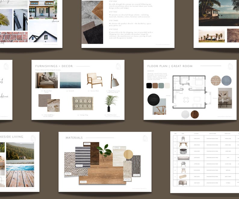 Templates for interior design client presentation, designed in Canva