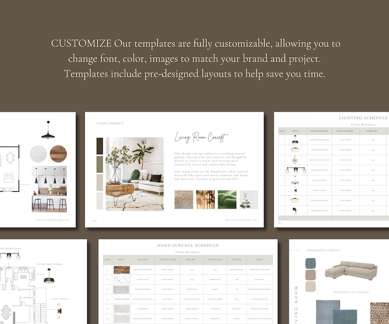 Interior Design FFE Schedule Template for Interior Design - editable in Excel, Canva and Google Sheets. Includes material boards, concept boards, project overview, furniture, fixtures and finishes schedule templates.