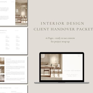 Puede incluir: Un ordenador portátil muestra un paquete de entrega de clientes de diseño de interiores. El texto en la pantalla dice "Client Residence" y "Project Wrap-up & Handover Packet". La imagen también muestra aspectos destacados del proyecto, garantías del producto e instrucciones de cuidado.