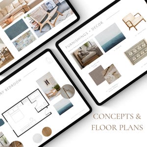 Templates for interior design client presentation, concept boards and floorplans, designed in Canva