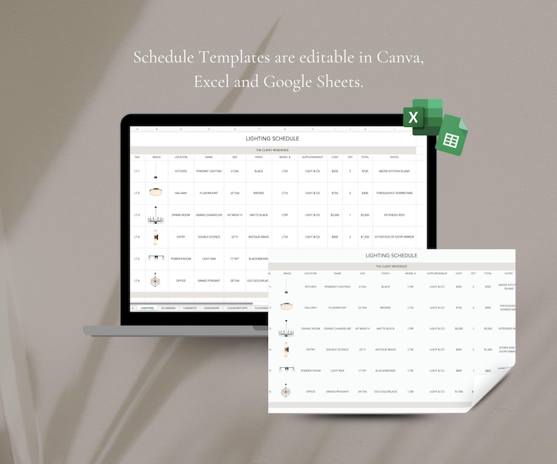 Interior design FF&E schedule displayed in Google Sheets with furniture and finish selections organized by project.