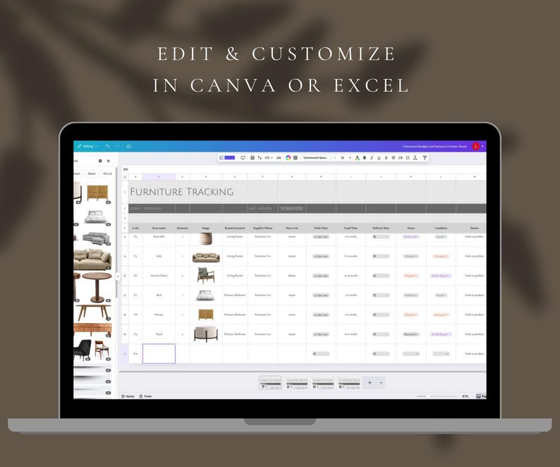 Interior Design Furniture Tracking Sheet | Canva & Excel Template ...