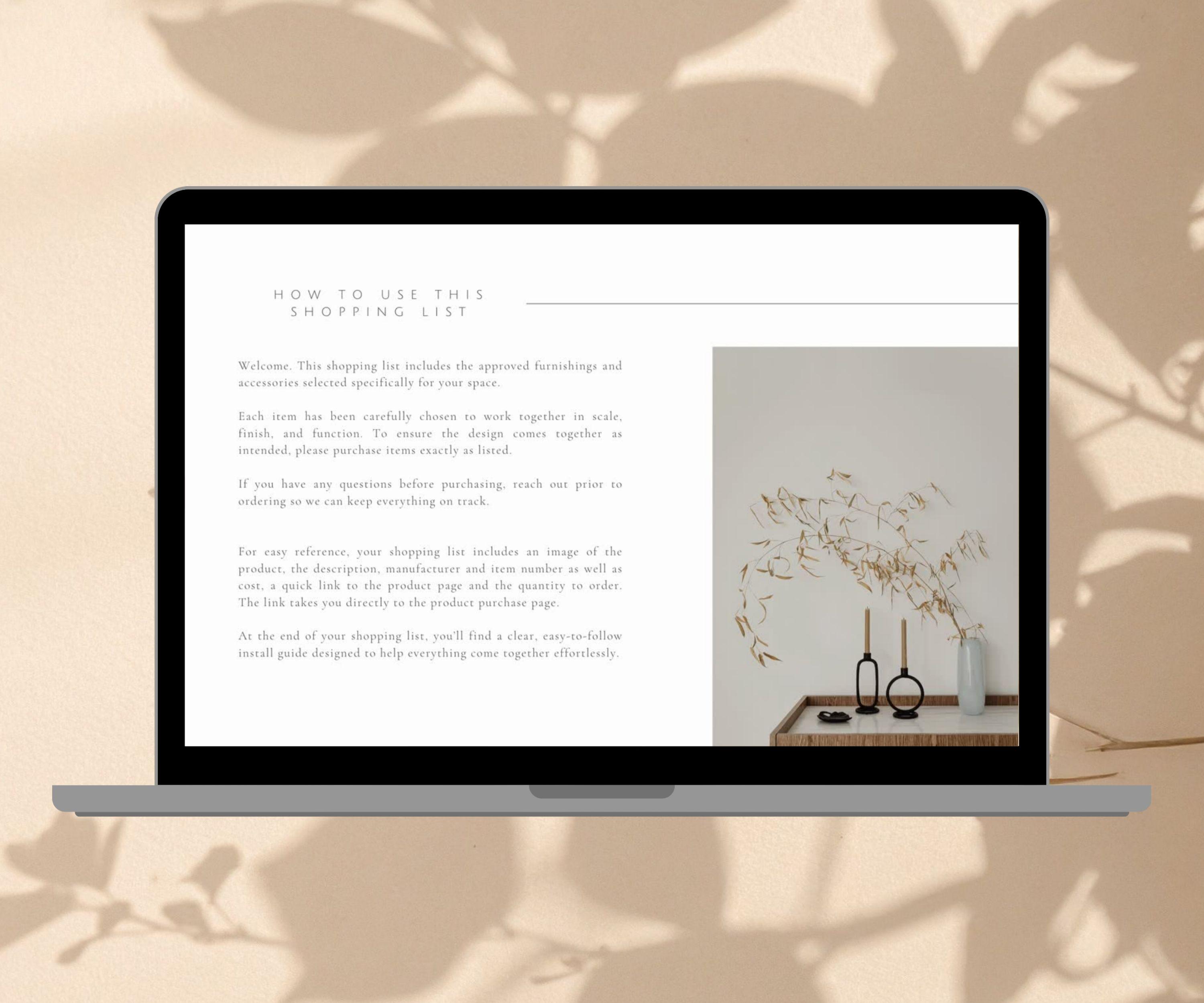 Interior Design Shopping List Template | Client Install Guide (digital ...