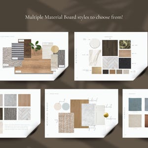 Material and finishes boards to present samples of products, fabrics and finishes for an interior design presentation.