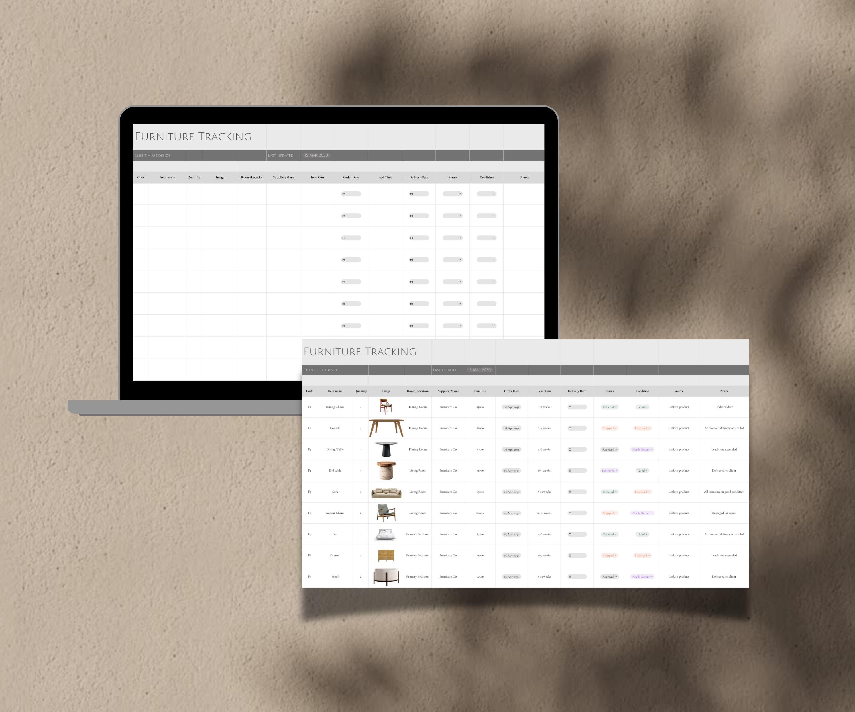 Interior Design Furniture Tracking Template | Canva + Excel Project ...