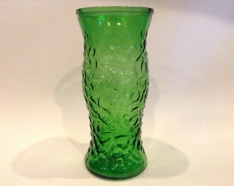 Vintage Green Hand Blown Green Crackle Glass Vase Dimple Pinched Flared Pontil