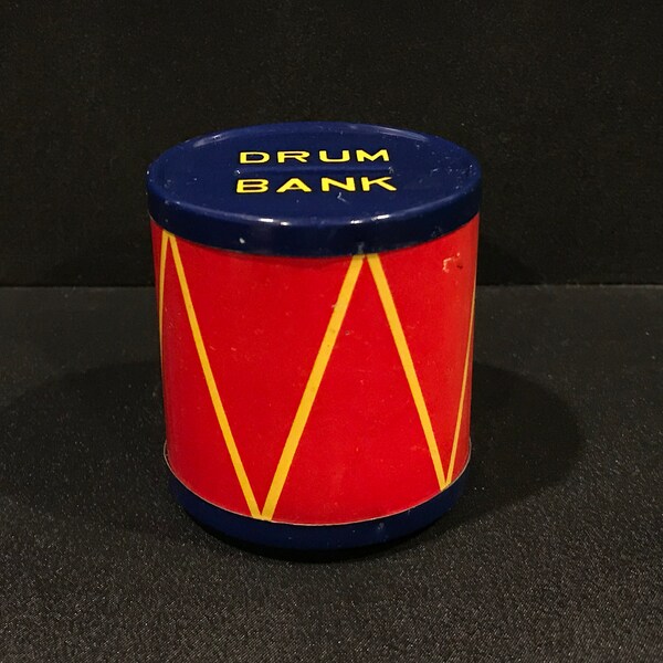 Vintage Tin Litho Coin Drum Bank, Made In Japan, Miniature Tin Litho Toys, Tin Toy Collectibles, Vintage Tin Toys (USED)