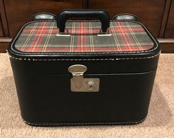 Vintage Tartan Plaid and Vinyl Shabby Chic Train Case, Vintage Luggage, Collectible Train Cases, Luggage Decor,Repurposed, Gifts (USED)