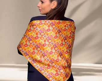 Square silk scarf, large silk scarf, orange silk scarf, spiral silk scarf, handmade pure silk scarf, made in Greece by Kalfas