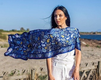 Summer Scarf, Blue Silk Scarf, Hand Painted Scarf, Gift for Her, Made in Greece, Kalfas.