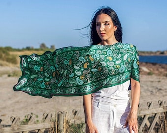 Green Silk Scarf, Hand Painted Scarf, Summer Scarf, Women Scarf, Made in Soufli, Greece, by Kalfas.