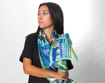 Ethnic Scarf, Silk Scarf Women, Wrap Scarf, Handpainted Scarf, Gift for Her, Made from 100% Pure Silk in  Blue-Green Colors in Greece.