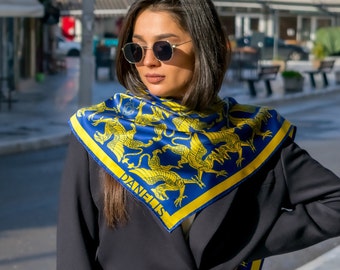 Large square silk scarf, pure silk scarf, gift for him, handmade silk scarf, handmade scarf, made in Greece by Kalfas