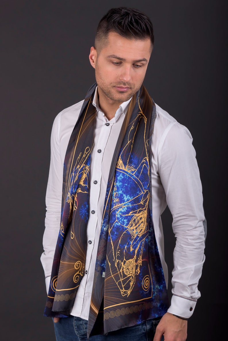 Black and blue silk scarf, pure silk scarf, unisex gift, unisex scarf, gift for her, silk scarf men, made in Greece by Kalfas zdjęcie 4