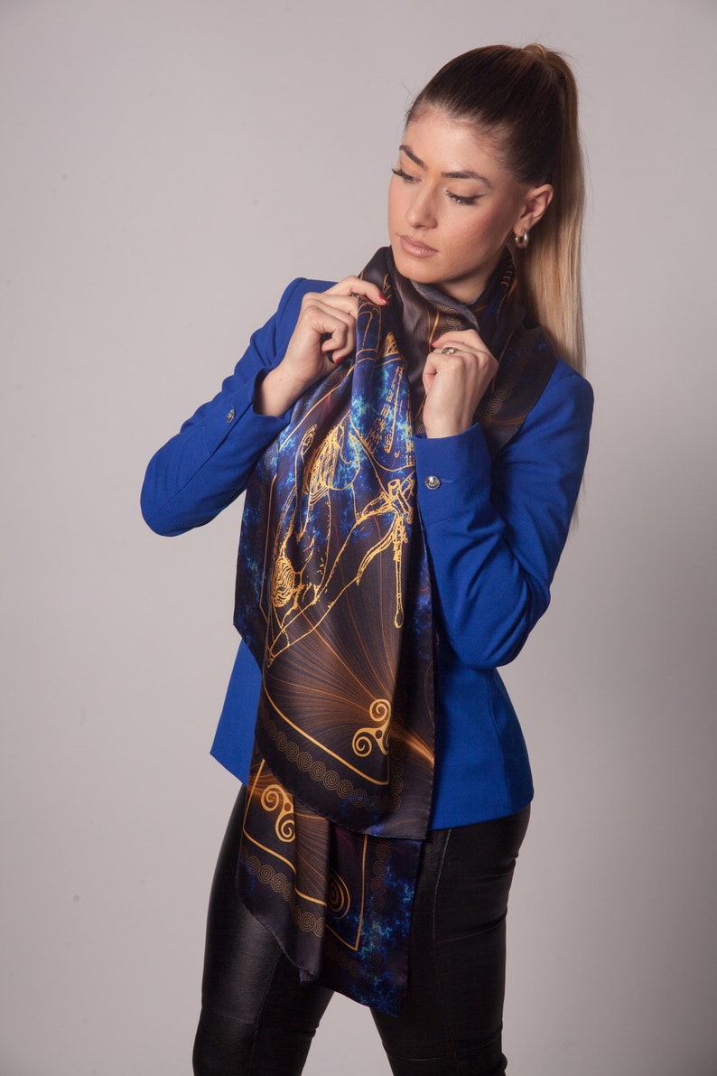 Black and blue silk scarf, pure silk scarf, unisex gift, unisex scarf, gift for her, silk scarf men, made in Greece by Kalfas zdjęcie 5