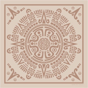 May include: A square, tan-colored silk scarf featuring a detailed, symmetrical design in a darker brown hue. The central motif resembles a stylized sun or calendar, with intricate geometric patterns and symbols. The scarf's border is a darker shade of brown.