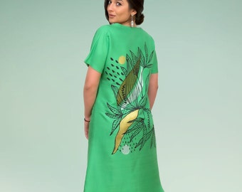 Handpainted green silk dress, pure silk dress, handmade dress, handpainted dress, handmade silk dress, handpainted, made in Greece by Kalfas