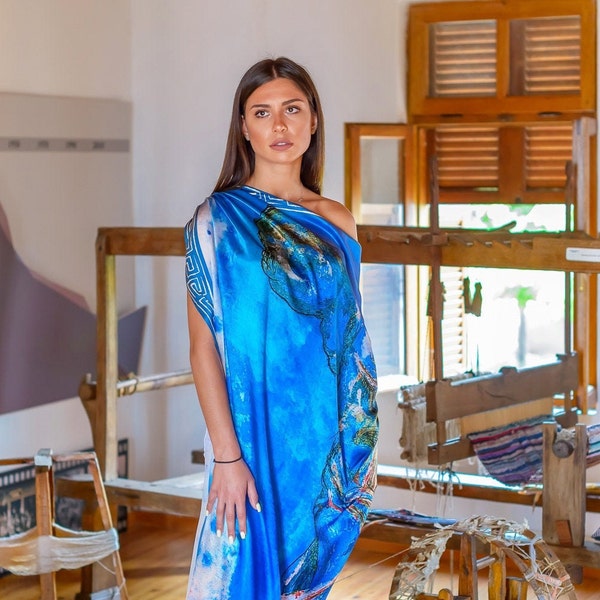 Long Silk Scarf, Dress Scarf, Blue Scarf, Women Scarf, Gift For Her, Made in Greece by Kalfas