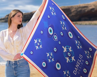 Greek Evil Eye Scarf, Blue Silk Scarf, Large Scarf, Women Scarf, Gift fore Her, Made in Greece by Kalfas