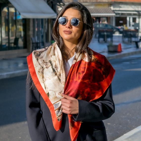 Red silk square best sale scarf