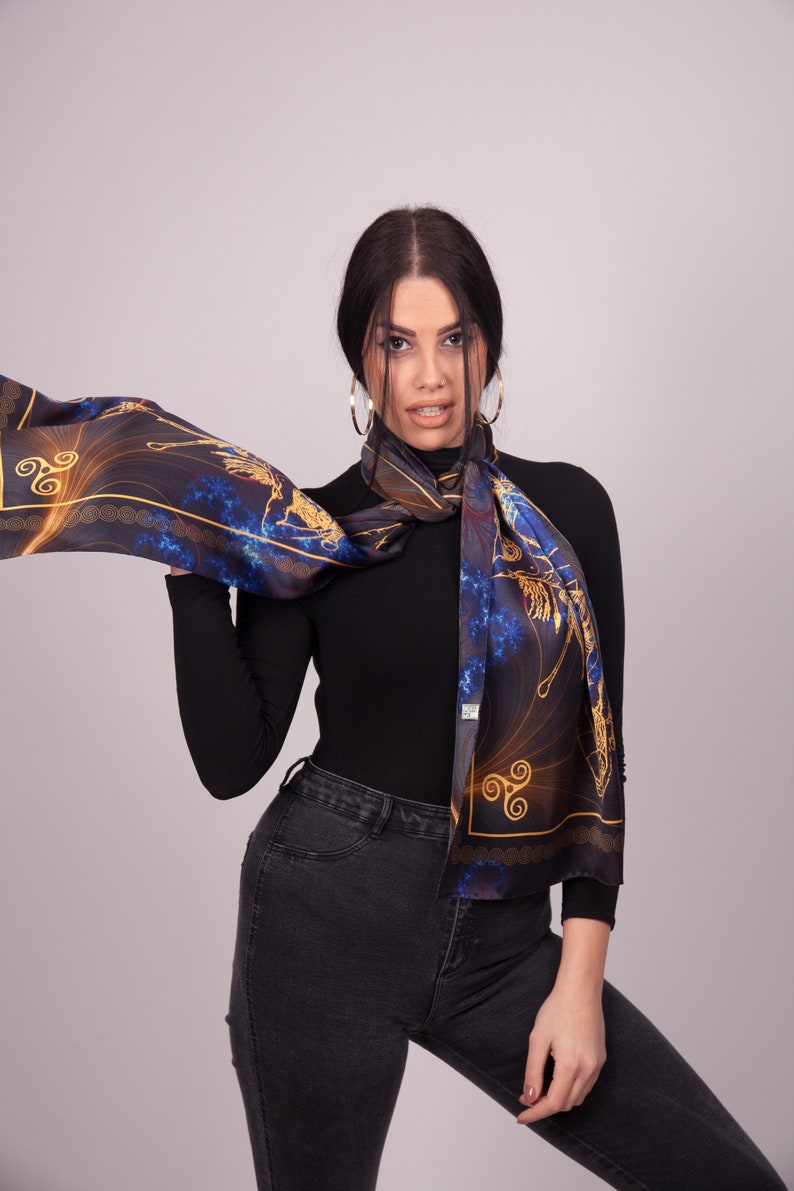 Black and blue silk scarf, pure silk scarf, unisex gift, unisex scarf, gift for her, silk scarf men, made in Greece by Kalfas zdjęcie 3