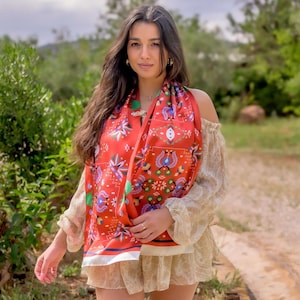 Bright red long silk scarf, handmade silk scarf, pure silk scarf, women scarf, summer silk scarf, made in Greece by Kalfas