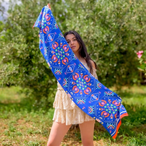 Electric Blue Pure Silk Scarf, Long Silk Scarf, Summer Color Silk