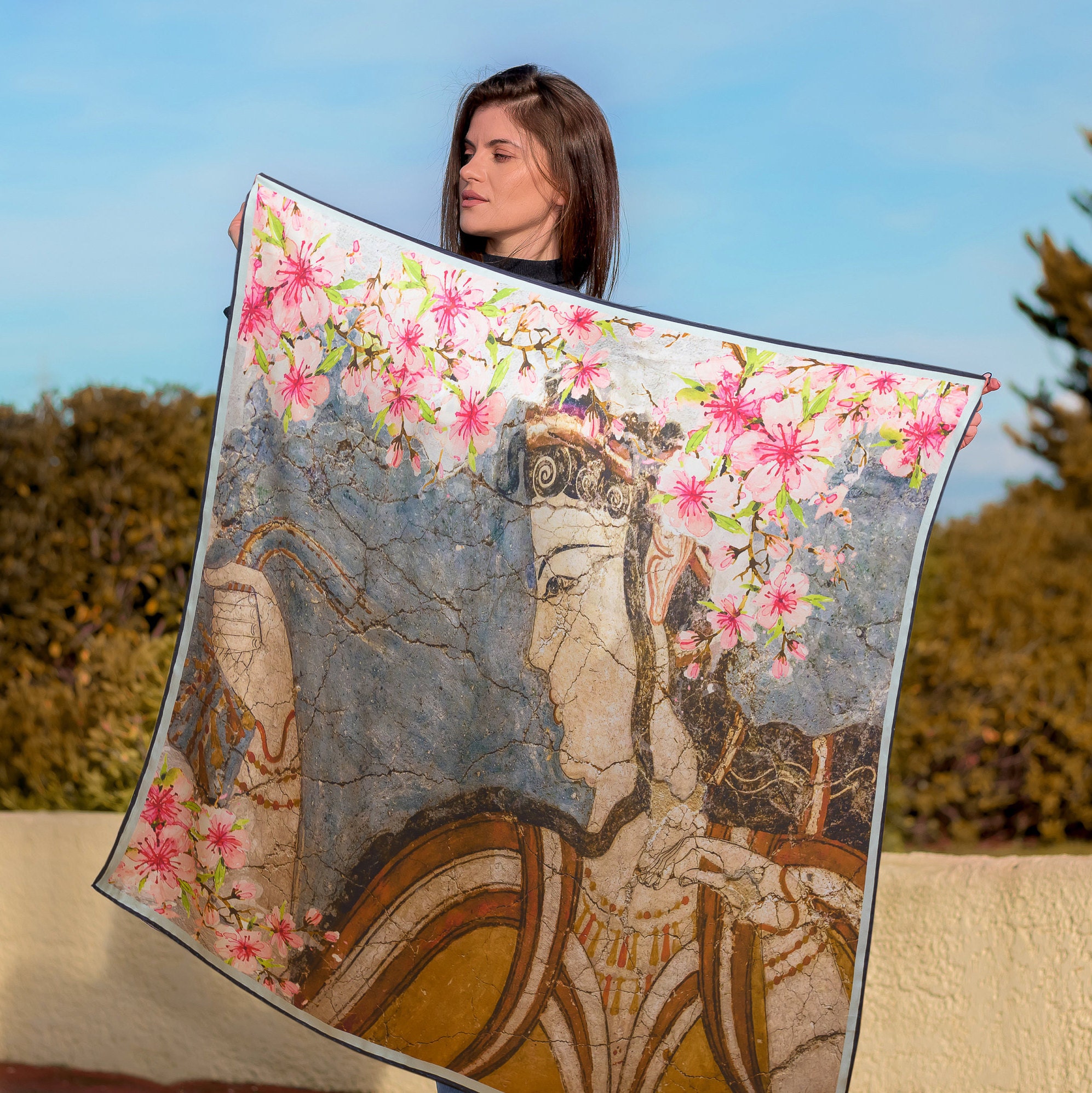 Mother's day gift, Square silk scarf, Artwork, Blue scarf, Handmade scarf, Gift for her, Square scarf, Made in Greece by Kalfas.