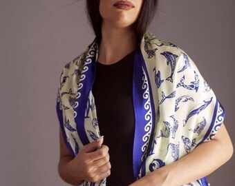 Silk Scarf, Hand Painted Scarf, Gift for Her, Christmas Gift, Ancient Greek Scarves, Made in Soufli by Kalfas.