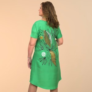 Handbeschilderde groene jurk, pure zijden jurk, zijden jurk, handgemaakte zijden jurk, jurk met design, gemaakt in Griekenland door Kalfas